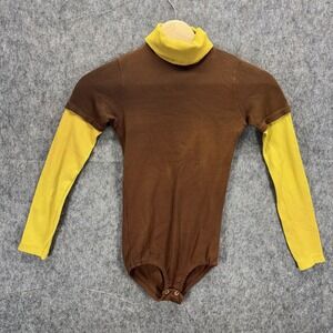 True Vintage Bodysuit Women Medium 70s Brown Yellow Stretch Turtle Neck Sleeves